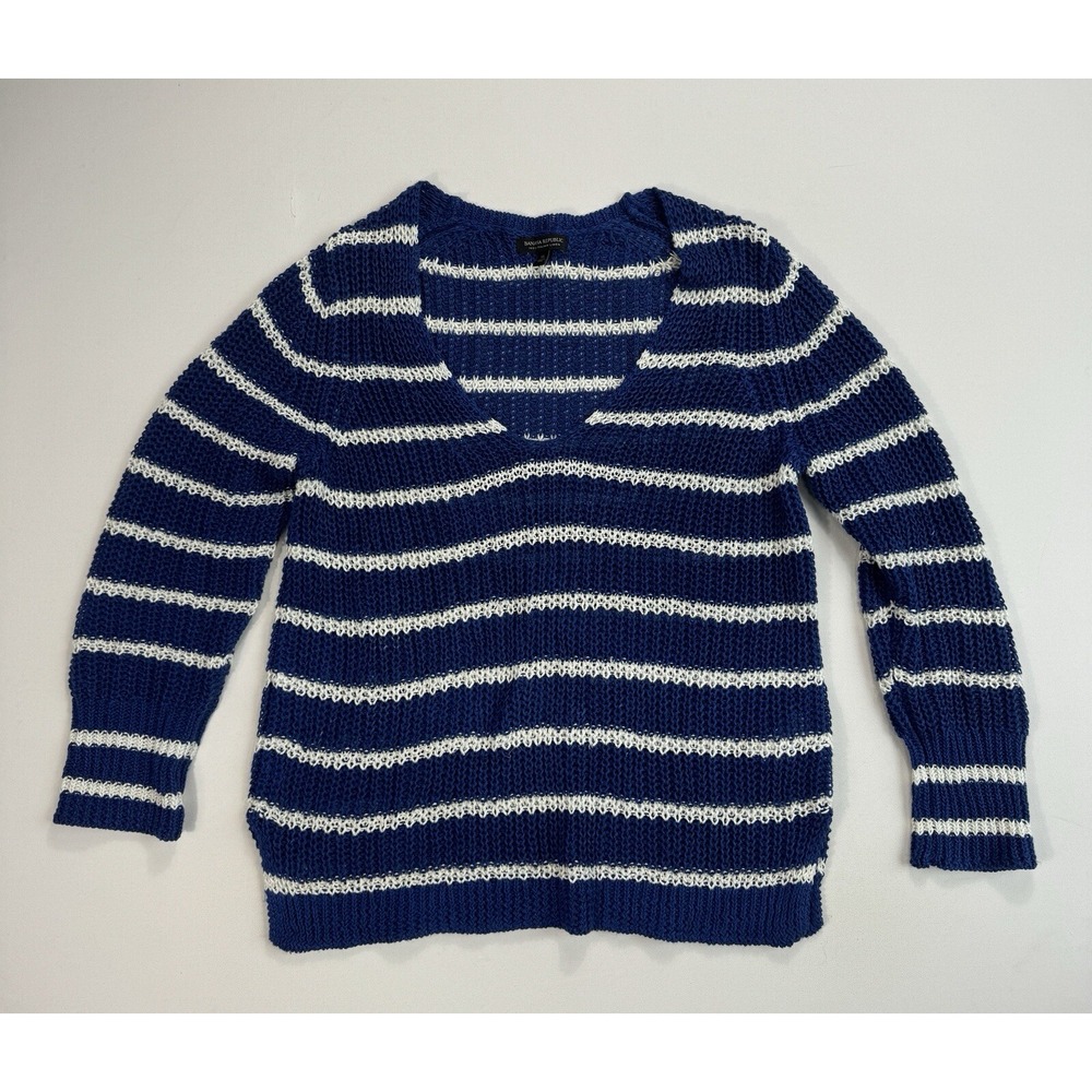 Banana Republic Women XL Blue White Striped 100% Italian Linen Open Knit Sweater